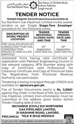 Sui Northern Gas Lahore Tender Notice